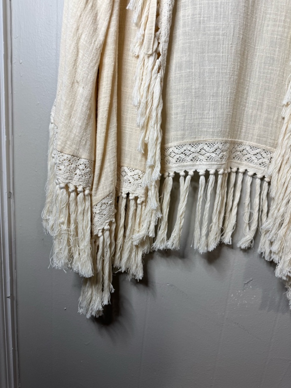 Ciel USA Cream-Colored Kimono Intricate Lace Detailing and Long Fringe Trim S/M - Picture 7 of 11